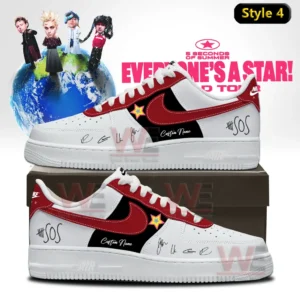5 Seconds of Summer EVERYONE'S A STAR! World Tour Air Force 1 Shoes 7 White Nike Air Force one sneaker with red swoosh black panel star emblem and signature style graphics shown on a shoebox with concert world tour poster backdrop