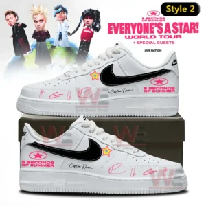 5 Seconds of Summer World Tour Air Force 1 Shoes 5 Two white custom low top sneakers with black swoosh 5 Seconds Of Summer logos star patch and pink signature accents shown on a shoebox with world tour themed backdrop!