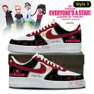 5 Seconds of Summer World Tour Air Force 1 Shoes 6 Two custom low top sneakers in white red and black with 5 Seconds Of Summer logos star badge and pink signature accents displayed on a shoebox against a world tour themed background!