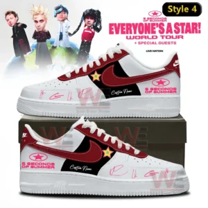 5 Seconds of Summer World Tour Air Force 1 Shoes 7 Two custom low top sneakers in white red and black featuring 5 Seconds Of Summer logos star patch and pink signature accents shown on a shoebox with Everyone s A Star World Tour backdrop!