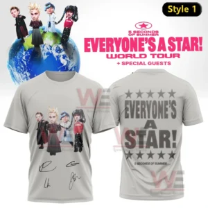 Gray t shirt mockup with band character graphic and signature style details on the front and large everyone s a star text with stars on the back