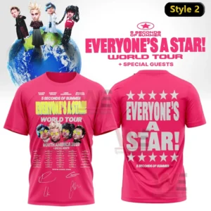 5SOS EVERYONE’S A STAR! World Tour 2026 Tee Shirt and Pants 9 Pink t shirt mockup featuring a world tour poster design with band portraits and tour dates on the front and large everyone s a star text with stars on the back