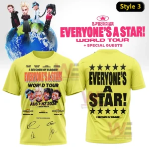 5SOS EVERYONE’S A STAR! World Tour 2026 Tee Shirt and Pants 10 Yellow t shirt mockup with tour poster artwork and band portraits on the front and large everyone s a star text with star rows on the back