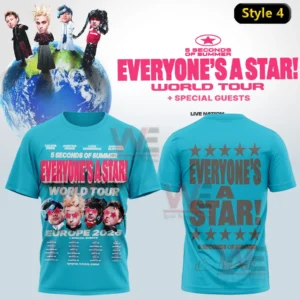 5SOS EVERYONE’S A STAR! World Tour 2026 Tee Shirt and Pants 11 Teal blue t shirt mockup with concert poster artwork and band portraits on the front and large everyone s a star text with stars and signature style detail on the back