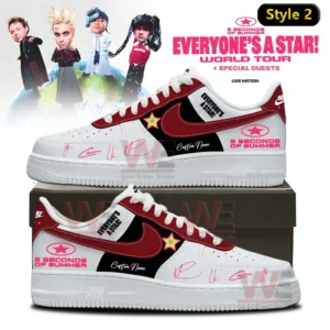 5SOS EVERYONE’S A STAR! World Tour Air Force 1 Shoes 9 Two white low top sneakers with red swoosh black side panels star patch pink signature accents and 5 Seconds Of Summer world tour logos shown on a shoebox with tour themed background!
