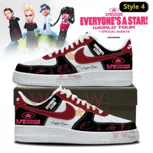 5SOS EVERYONE’S A STAR! World Tour Air Force 1 Shoes 11 Two custom low top sneakers in white red and black featuring 5 Seconds Of Summer logos star patch pink signature accents and Everyone s A Star world tour background displayed on a shoebox!