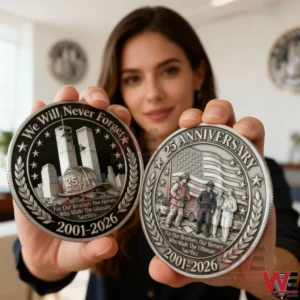 A person presents a double sided memorial coin with engraved designs representing remembrance sacrifice and honor in a professional indoor setting.
