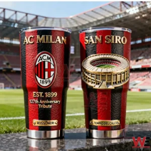 Two AC Milan insulated tumblers with red and black leather texture gold lettering club crest anniversary tribute and a raised San Siro stadium design placed inside the football stadium!