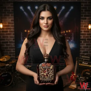 A stylish woman in a studio environment holds an ACDC anniversary whiskey bottle with rich artwork guitars drums and stage lights behind her!