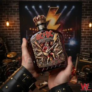Hands present an ACDC whiskey bottle in front of musical equipment emphasizing the bold label artwork and rock atmosphere!