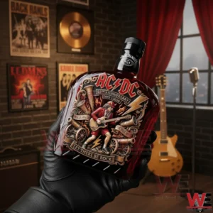 A hand showcases an ACDC whiskey bottle in a vintage style music room highlighting the detailed label and classic rock atmosphere!
