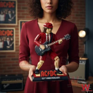 Woman holding a brick style AC DC guitarist figure in a music room!