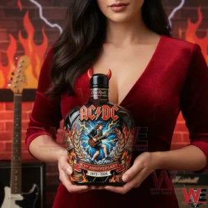 A woman in a red outfit holding an ACDC anniversary whiskey bottle with detailed rock artwork flames and electric guitar elements in the background!