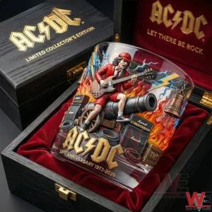 AC DC whiskey glass displayed inside a wooden collector box!