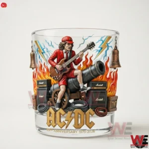 AC DC themed whiskey glass on a white background!