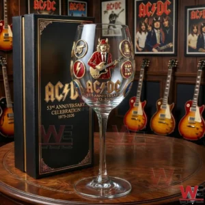 ACDC anniversary wine glass with detailed band artwork and commemorative symbols standing on a wooden table beside a matching black and gold presentation box in a guitar filled music room!