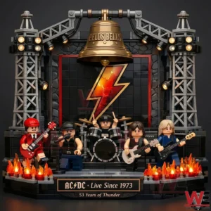 AC/DC Since 1973 53 Years of Thunder Brick Minifigure Set 3 A detailed AC DC concert stage model with bell symbol lightning backdrop and five brick style band members!