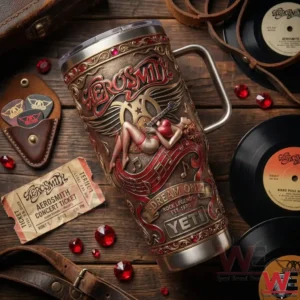 Aerosmith Band Dream On Rock Legends 1970 Yeti 40oz Tumbler 5 A top down view of a Yeti tumbler with Aerosmith Dream On rock artwork arranged with vinyl records concert items and vintage music accessories!