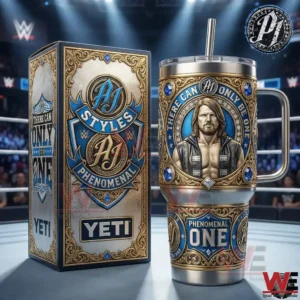 AJ Styles Yeti tumbler with gold design and wrestler portrait!