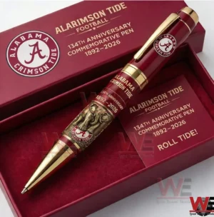Crimson and gold Alabama Crimson Tide commemorative football pen in an open gift box with 134th anniversary 1892 to 2026 text and team logo.