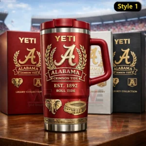 Crimson red insulated travel mug with handle showing gold Alabama A crest laurel leaves Alabama Crimson Tide text Est 1892 Roll Tide and gold elephant and stadium icons with matching gift boxes behind!