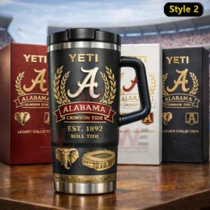 Alabama Crimson Tide Roll Tide Legacy Collection YETI Tumbler 5 Matte black insulated handled travel mug featuring gold and ivory Alabama A crest laurel leaves Alabama Crimson Tide text Est 1892 Roll Tide plus gold elephant and stadium icons with gift boxes behind!