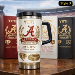 Alabama Crimson Tide Roll Tide Legacy Collection YETI Tumbler 6 White insulated travel mug with black handle featuring red Alabama A crest gold laurel leaves Alabama Crimson Tide text Est 1892 Roll Tide and gold elephant and stadium icons with matching gift boxes in background!