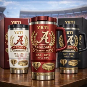 Alabama Crimson Tide Roll Tide Legacy Collection YETI Tumbler 7 Three insulated handled travel mugs in crimson red white and black featuring Alabama A crests gold laurel leaves Alabama Crimson Tide text Est 1892 Roll Tide and gold elephant and stadium icons with matching gift boxes behind!