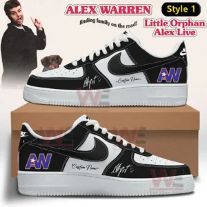 Black and white low top sneaker with white laces black swoosh and black overlays featuring an AW star logo on the heel and custom name script shown in two side views on a shoebox with an Alex Warren themed background!