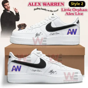 Alex Warren Little Orphan Alex Tour 2026 Air Force 1 Shoes 10 White low top sneaker with white laces black swoosh and AW star logo on the heel plus custom name script shown in two side views on a shoebox with an Alex Warren themed background!
