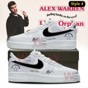 Alex Warren Little Orphan Alex Tour 2026 Air Force 1 Shoes 12 White low top sneaker with black swoosh white laces and Alex Warren star emblem on the heel plus custom name script shown in two side views on a shoebox with an Alex Warren themed background!