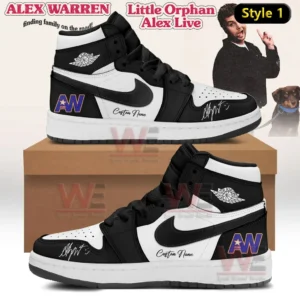 Black and white high top sneakers with AW logo and custom name text displayed on a box.