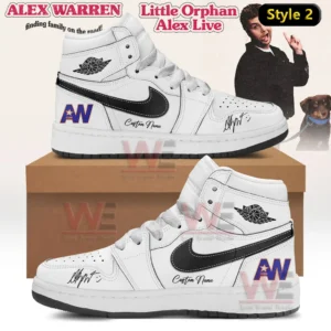 White high top sneakers with black accents AW logo and custom name text displayed on a box.