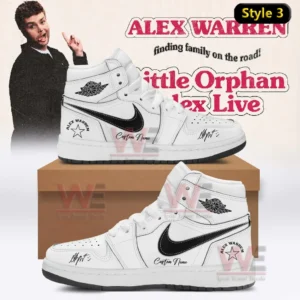 White high top sneakers with black swoosh star emblem and custom name text shown on a box.