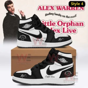 Black and white high top sneakers with star emblem and custom name text displayed on a box.