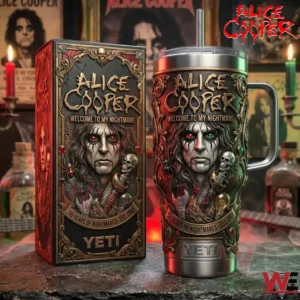 A Yeti tumbler and its presentation box featuring Alice Cooper Welcome To My Nightmare artwork photographed in a moody rock inspired environment!