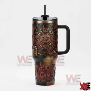 Close up view of an Alice In Chains themed insulated tumbler with handle straw and dark vintage artwork on a white background.