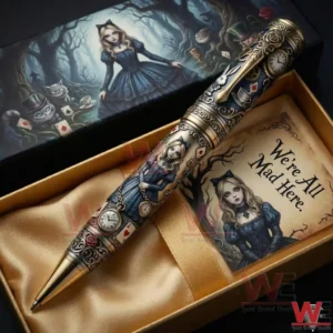 Decorative Alice themed pen displayed in a gift box with fantasy artwork clocks and playing cards!