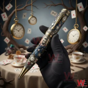 Alice themed collectible pen held by a gloved hand with floating clocks and playing cards in the background!