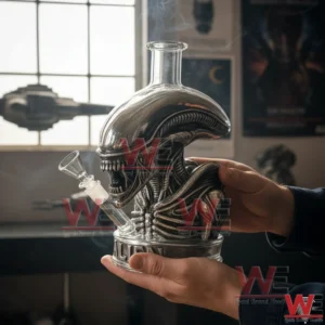 Silver alien xenomorph shaped glass bong with clear neck and angled bowl held in a room with window light and sci fi posters in the background!