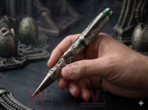 Hand holding an engraved metal pen with alien themed biomechanical details and green accent in a dark sci fi styled setting!