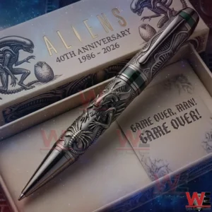 Aliens 40Th Anniversary Game Over Man Game Over Pen 4 Engraved alien themed metal pen displayed in a commemorative anniversary box with sci fi artwork!