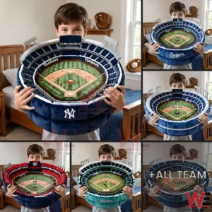 Child standing in a bedroom holding a baseball stadium shaped pillow with detailed field design and soft fabric structure!