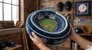 Hands holding a baseball stadium shaped pillow in a room decorated with sports memorabilia and wooden accents!
