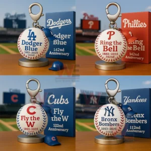 Four baseball shaped keychains for Dodgers Phillies Cubs and Yankees with anniversary text and matching boxes on a tabletop in a stadium setting.