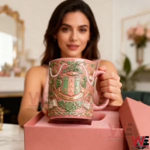 A woman holds a pink ceramic mug with green floral relief patterns and a crest design in a softly lit room!