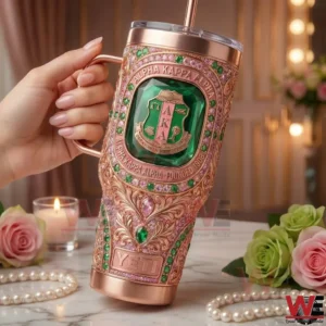 Hand holding a rose gold Alpha Kappa Alpha tumbler with green jewels floral decor and soft lighting!