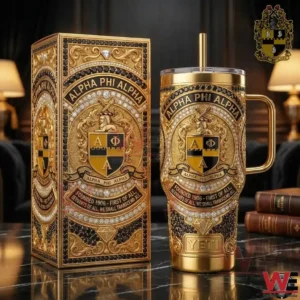 An Alpha Phi Alpha insulated tumbler and matching presentation box displayed on a table with books and elegant decor!