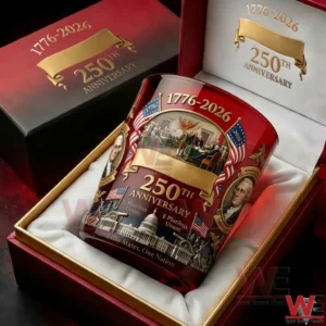American heritage anniversary whiskey glass placed in a luxury red gift box with historical illustrations!