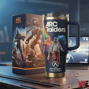 ARC Raiders Collector Edition tumbler standing on a desk beside its illustrated box!